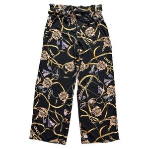 GUESS Black Gold Chain Print Wide Leg Palazzo Pants with Belt Size M EUC